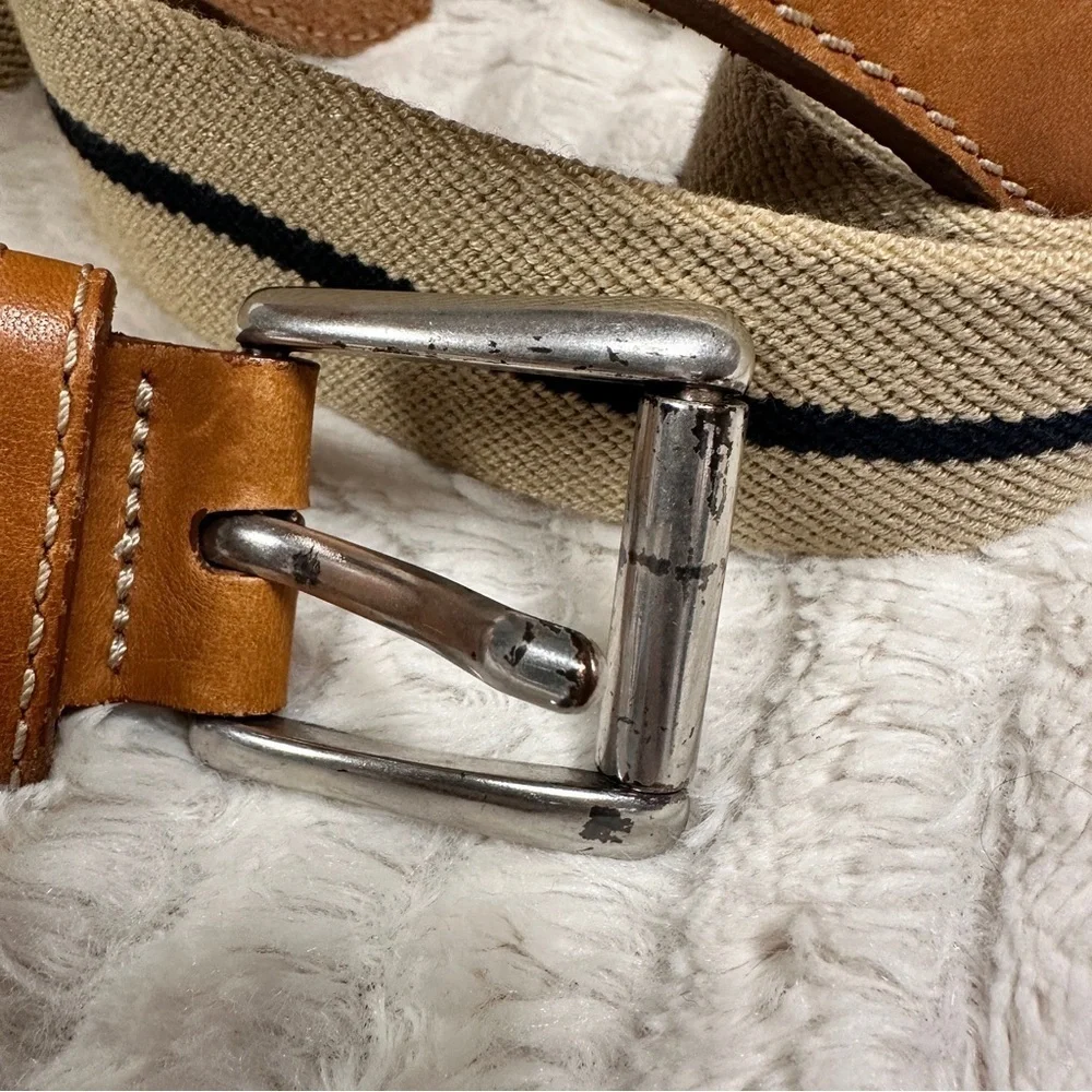 LL Bean men’s belt stretchy tan with black stripe fabric  40 